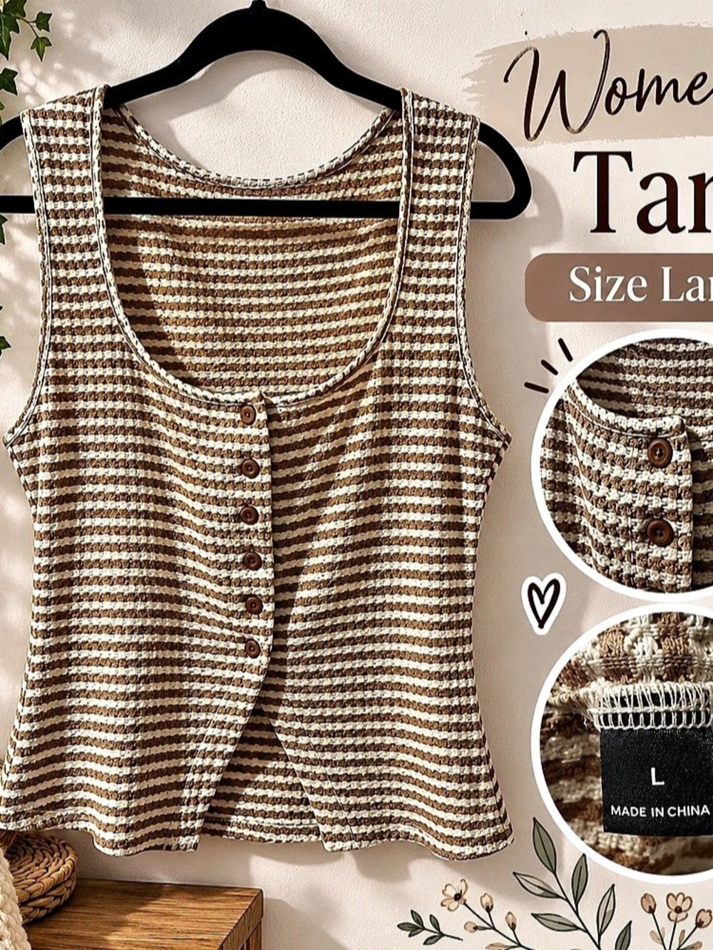 Striped Tank Top in Brown & White Size Large